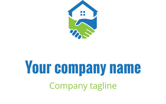Modernes Logo-Design mit einem Haus und einem Handschlag in Blau und Grün