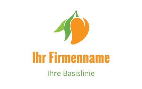 Lebhaftes Mango-Logo-Design mit grünen Blättern und kräftigem orangefarbenem Text