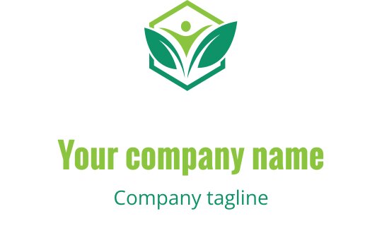 Modernes Logo-Design mit einem grünen Sechseck, Blättern und einer menschlichen Figur