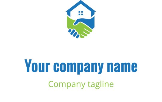 Modernes Logo-Design mit einem Haus und einem Handschlag in Blau und Grün