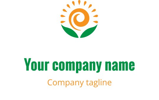 Modernes Logo-Design mit einer Sonne und einer spiralförmigen Blume mit grünen Blättern