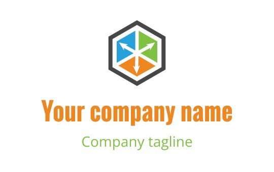 Sechseckiges Logo-Design mit bunten Pfeilen und fetter Typografie