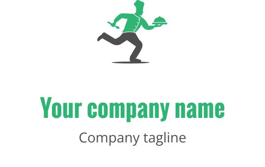 Dynamisches Logo-Design mit einer laufenden Figur, die ein Tablett und einen Hut trägt