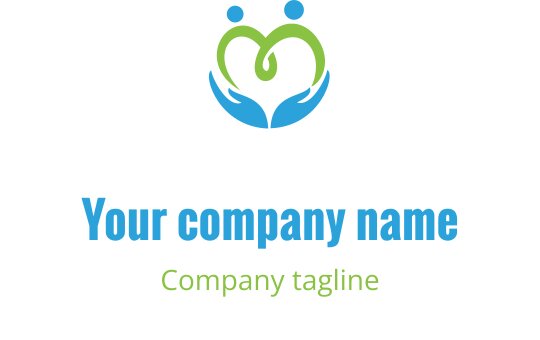 Fürsorgliches Logo-Design mit Händen und einem Herzen in Grün und Blau