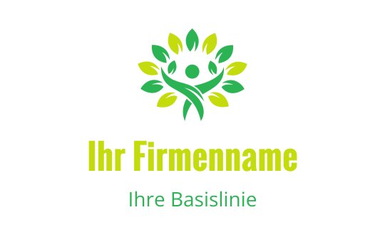Lebhaftes Logo-Design mit einer grünen Figur umgeben von blättrigen Elementen