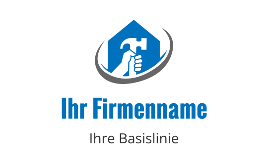 Modernes Logo-Design mit einer Hand, die einen Hammer in einer blauen Hausform hält