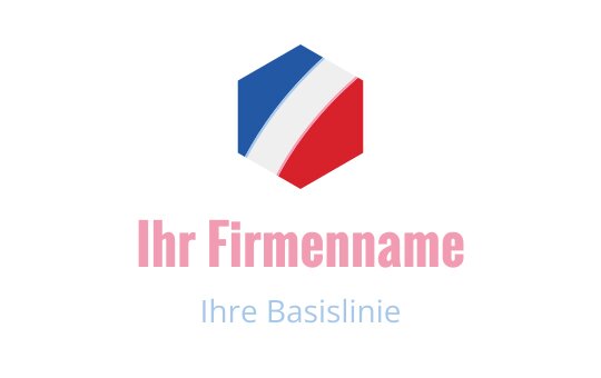 Sechseckiges Logo-Design mit blauen, weißen und roten Elementen sowie moderner Typografie