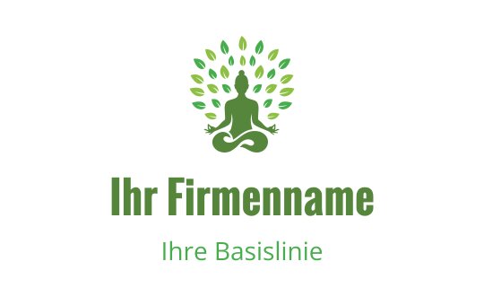 Beruhigendes grünes Logo-Design mit einer meditierenden Figur und blättrigen Baum-Elementen
