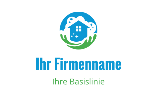 Modernes Logo-Design mit einem Haus, umgeben von grünen Händen und blauen Elementen