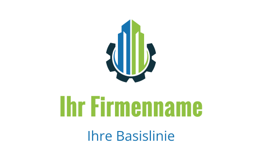 Modernes Logo-Design mit einem blauen und grünen Wolkenkratzer in Form eines Zahnrads