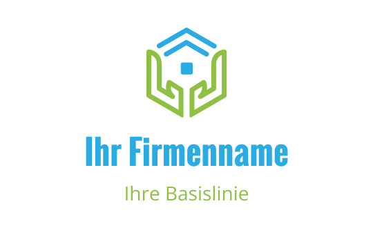 Modernes Logo-Design mit einem Haus und Händen in Grün und Blau