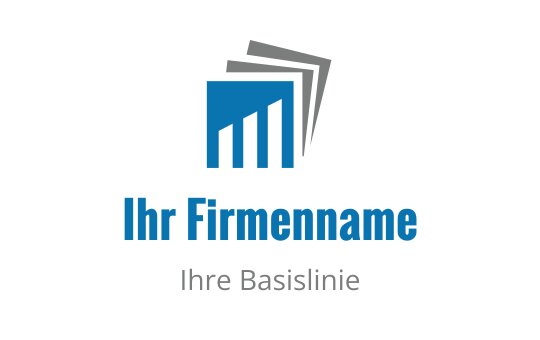 Modernes blaues Logo-Design mit gestapelten Dokumenten und einer Gebäudesilhouette