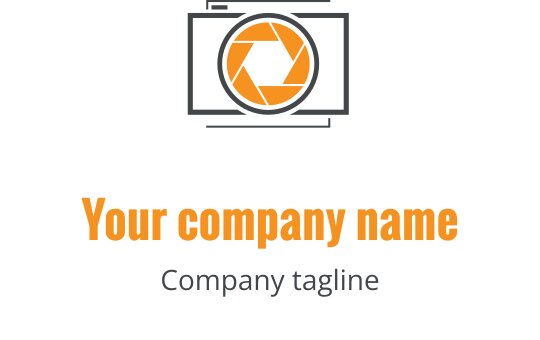 Modernes Logo-Design mit einem grauen Kameraobjektiv und orangefarbenen Akzenten