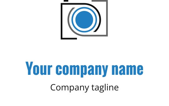 Modernes Logo-Design mit einem blauen und grauen Kameraobjektiv und schwarzem Umriss