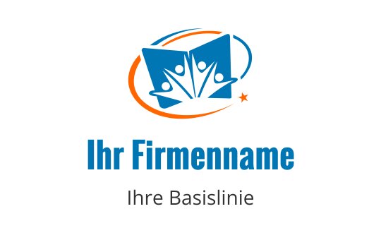 Kreatives blaues Buchlogo-Design mit abstrakten Figuren und orangefarbenen Akzenten