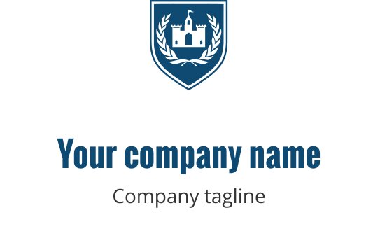 Wappenlogo-Design mit einer Burg und Lorbeerblättern in Blau