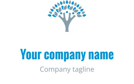 Modernes Baumlogo-Design mit blauen Blättern und grauem Stamm