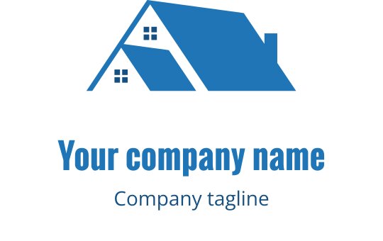 Modernes blaues Hauslogo-Design mit einem dreieckigen Dach und Fenstern