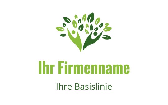 Modernes Logo-Design mit einem grünen Baum, menschlichen Figuren und Blättern