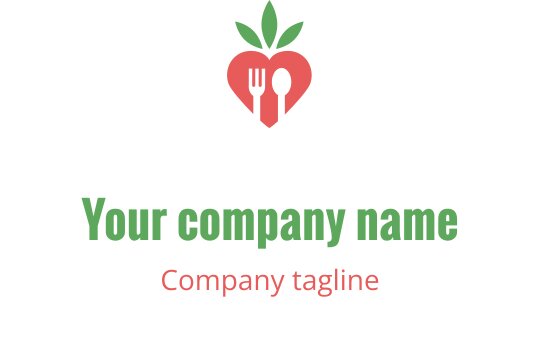 Herzförmiges Logo-Design mit einer Gabel und einem Löffel sowie grünen Blättern