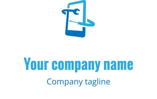 Modernes blaues Logo-Design mit einer Kombination aus Smartphone und Schraubenschlüssel