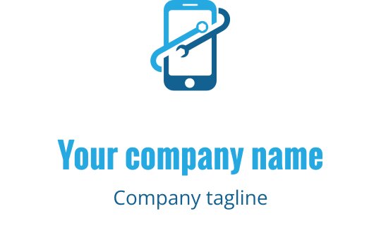 Türkis und blaues Logo-Design mit einem stilisierten mobilen Gerät und Reparaturwerkzeugen