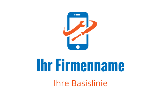 Modernes blaues Smartphone-Logo-Design mit orangefarbenen Akzenten und stilisiertem Text