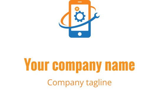 Türkis und orange Logo-Design mit einem stilisierten mobilen Gerät und Reparaturwerkzeugen