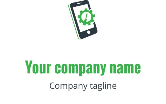 Modernes grünes und limonengrünes Logo-Design mit einem Smartphone und Reparaturwerkzeugen