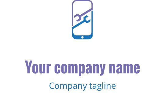 Türkis und blaues Logo-Design mit einem stilisierten mobilen Gerät und Reparaturwerkzeugen