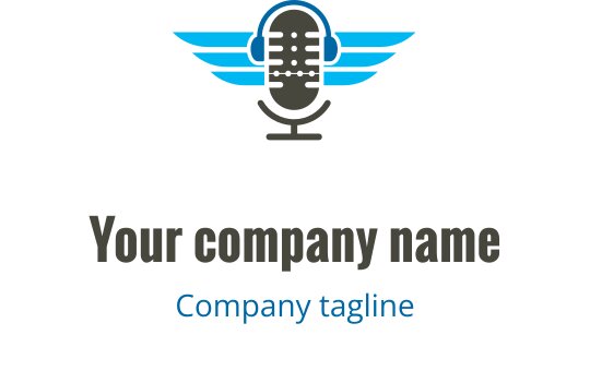 Modernes Mikrofon-Logo-Design mit blauen Flügeln und fettem Text