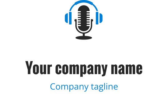 Modernes Mikrofon-Logo-Design mit blauen Kopfhörern und fettem Text