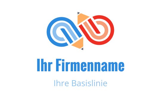 Buntes Logo-Design mit verwobenen blauen und roten Formen sowie einem Bleistift-Element