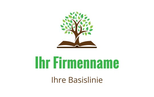 Baumlogo-Design mit grünen Blättern über einem offenen Buch