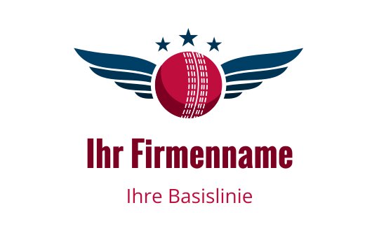 Fettes Logo-Design eines Cricketballs mit Flügeln und Sternen darüber