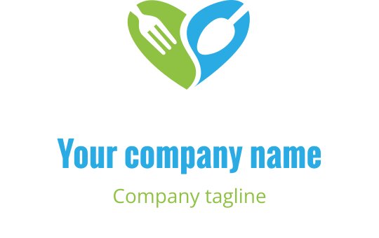 Herzförmiges Logo-Design mit einer Gabel und einem Löffel in Grün und Blau