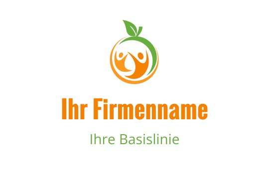 Verspielt orangefarbenes Logo-Design mit zwei Figuren und einem Blatt