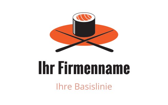 Sushi-Logo-Design mit einer Rolle auf einem orangefarbenen Teller und Essstäbchen