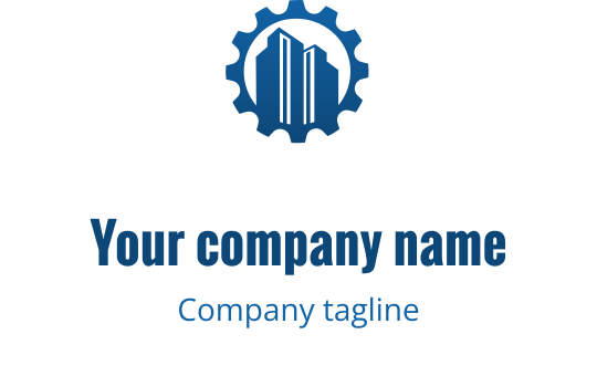Modernes Logo-Design mit einem Zahnrad und einer Gebäudesilhouette in Blau