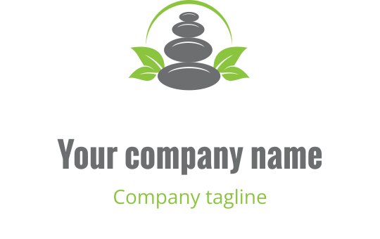 Ausgewogenes Steinlogo-Design mit grünen Blättern und einer geschwungenen Linie