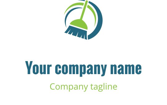Modernes Logo-Design mit einem Besen und kreisförmigen Elementen in Grün und Blau