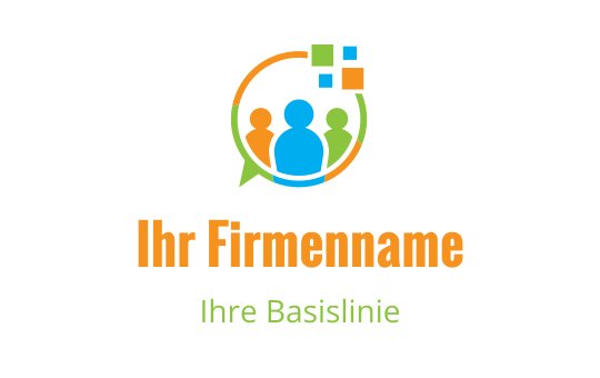 Buntes Logo-Design mit drei stilisierten Personen in einer Sprechblase