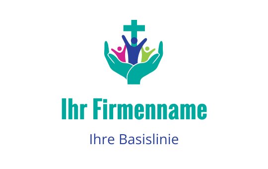 Buntes Logo-Design mit Händen, die vielfältige Figuren und ein Kreuz unterstützen