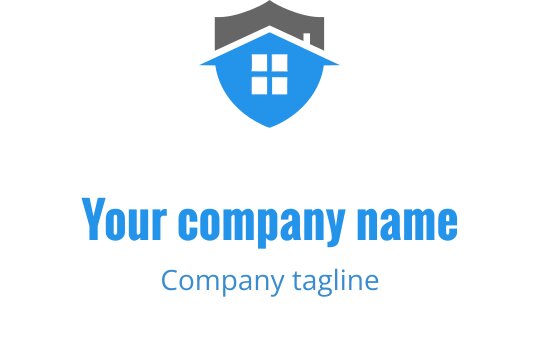 Schildförmiges Logo-Design mit blauer Haussilhouette und fettem Text