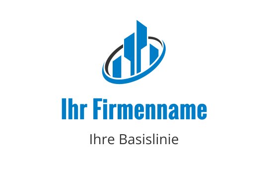 Modernes blaues Logo-Design mit abstrakten Wolkenkratzern und einem kreisförmigen Element