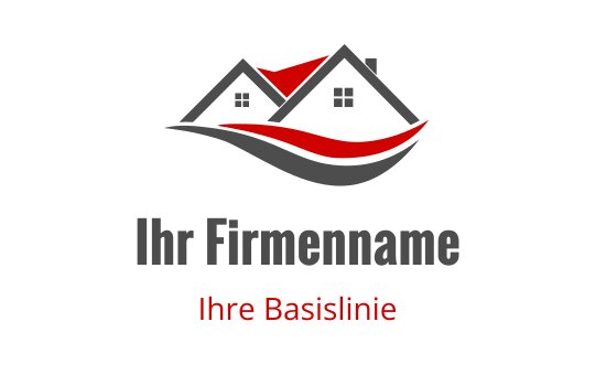 Modernes Logo-Design mit zwei Häusern und einem roten Dach sowie einem fließenden Wellen-Element