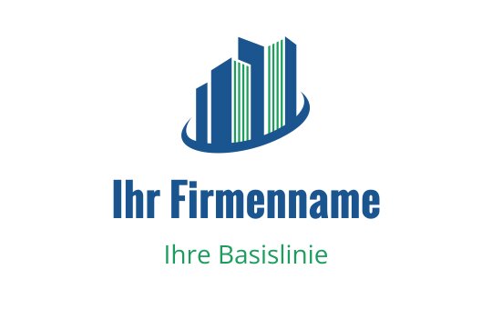 Modernes blaues und grünes Logo-Design mit stilisierten Gebäuden und einer geschwungenen Basis