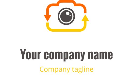 Minimalistisches Kamera-Logo-Design in Grau mit orangefarbenen und gelben Akzenten