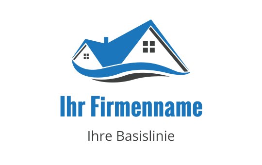 Modernes Hauslogo-Design mit blauem Dach und fließendem Wellen-Element