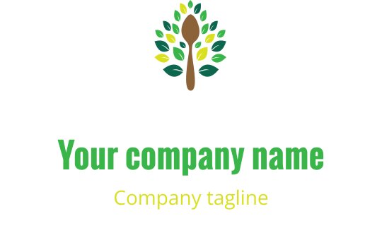 Lebhaftes Logo-Design mit stilisierter Anordnung von Obst und Gemüse in Braun und Türkis